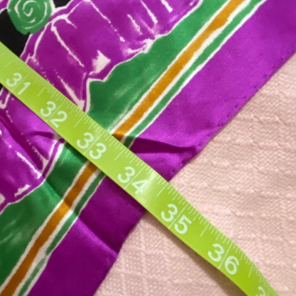 Vintage 100% silk scarf with world dance motif. Handmade. 34.5 inch square. - Picture 7 of 8